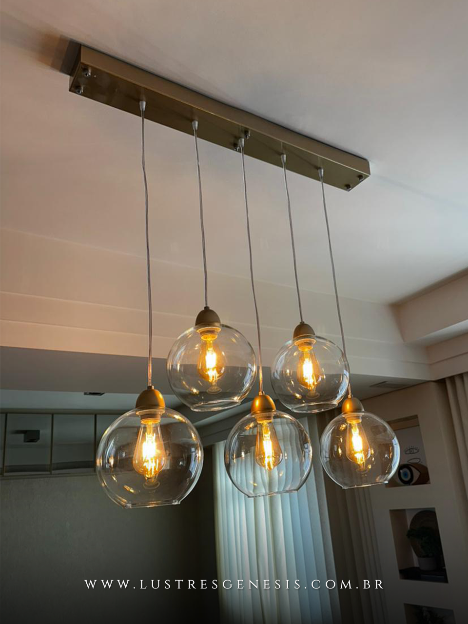 Luminária Pendente Vidro Transparente Dourado Para Sala de Estar e Jantar